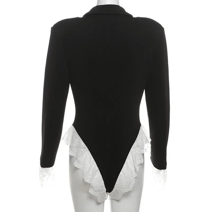 Lace Fashion Suit Jumpsuit Female Blazer Body Top V-Neck Slim Long Sleeve Sexy Cardigan Streetwear Women Black Rompers New