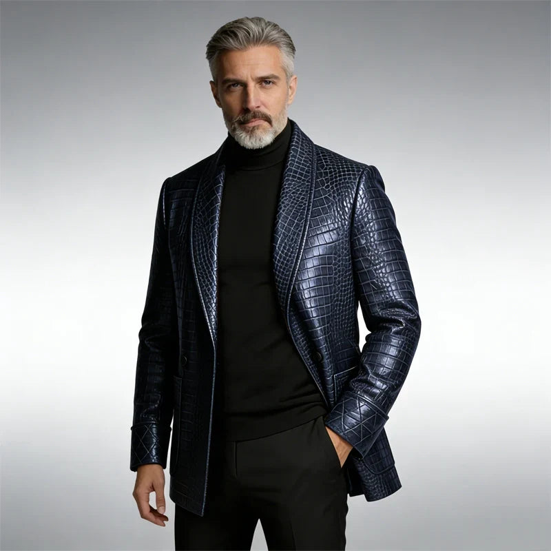 Men's Crocodile Pattern Leather Blazer 1 Button Shawl Collar Tuxedo Jacket Formal Business Wedding Coat Luxury Suit Outerwear