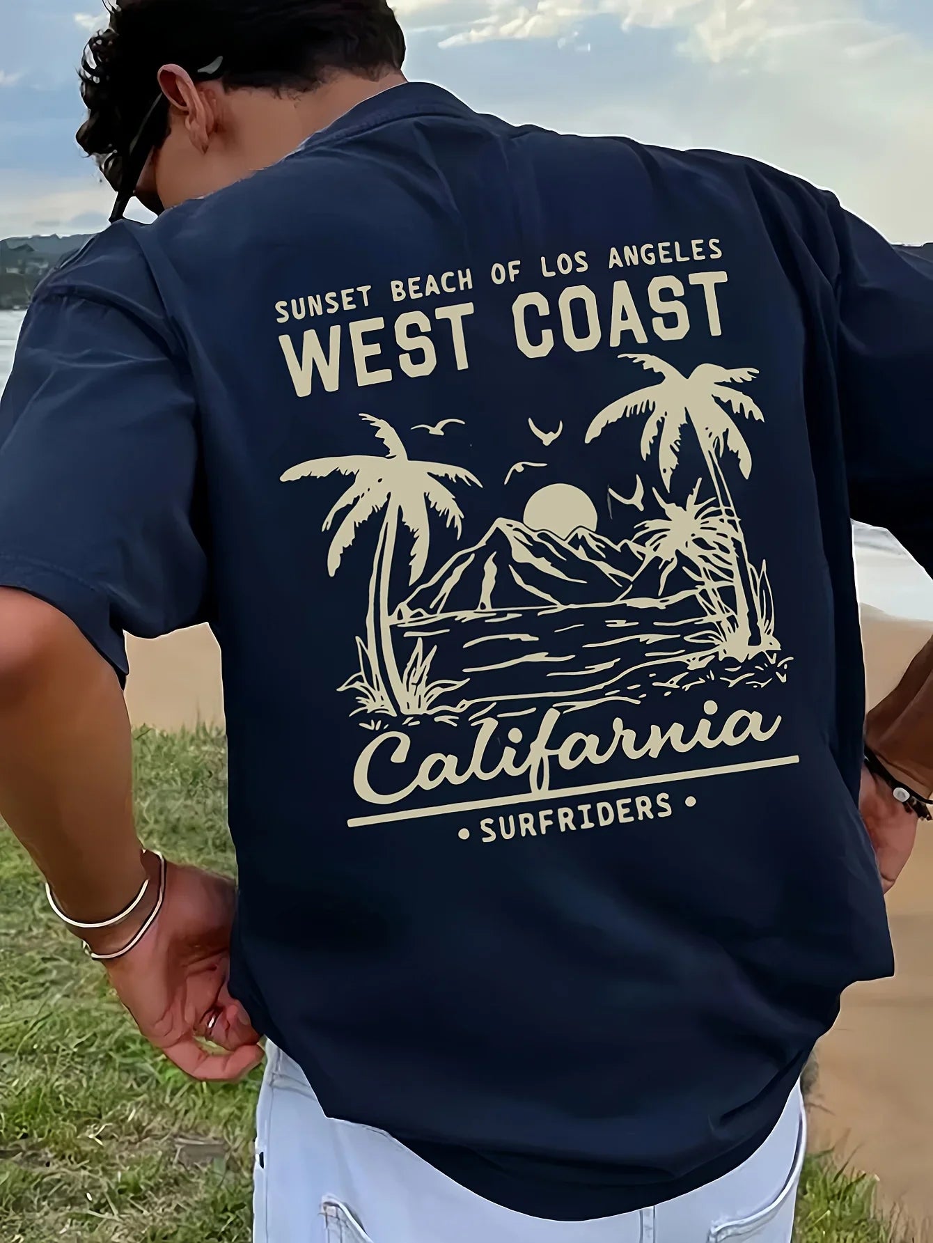 Men's 100% pure cotton casual loose retro California beach surfing pattern printed round neck short sleeved T-shirt top