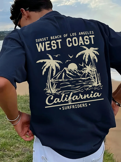 Men's 100% pure cotton casual loose retro California beach surfing pattern printed round neck short sleeved T-shirt top