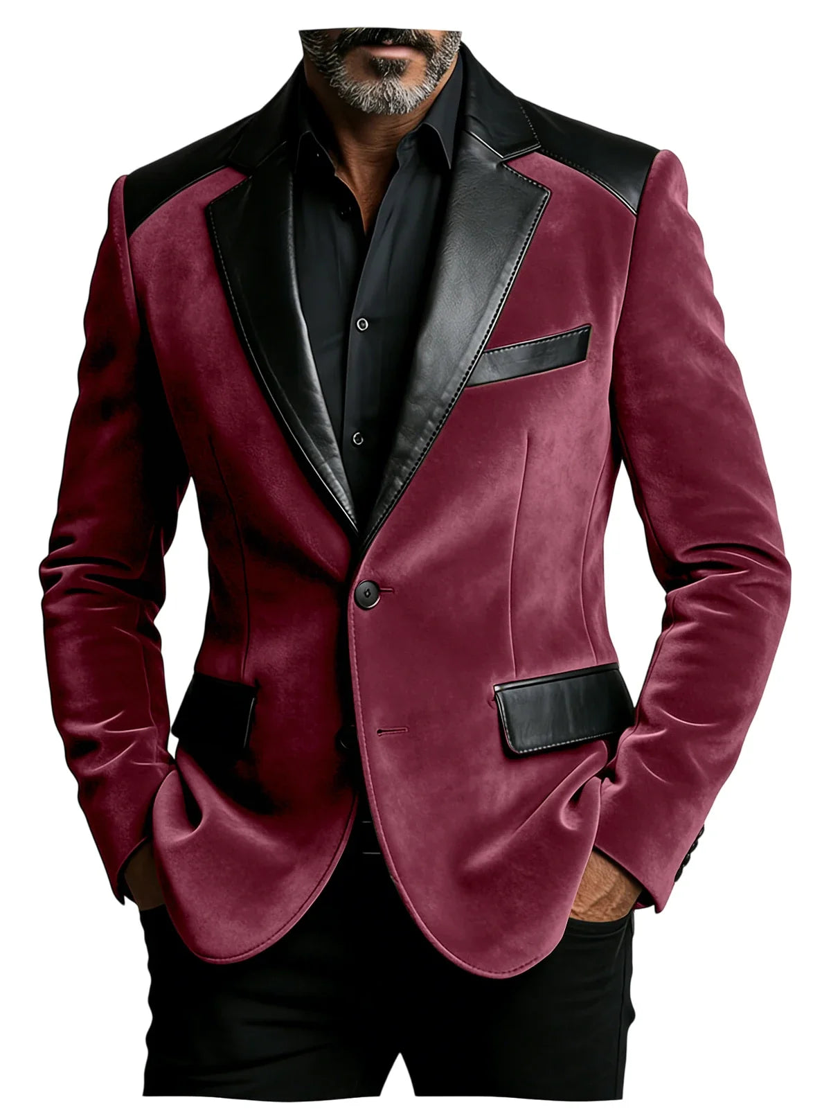 Men's Camel Velvet Blazer with Leather Patchwork Slim Fit Formal Casual Tuxedo Jacket Two-Tone Business Suit Coat