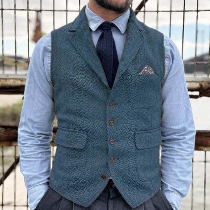 Men Vest Khaki Herringbone Single Button With Lapel Waistcoat For Banquet Party Business Office Work Casual Daily Men Suit Vest