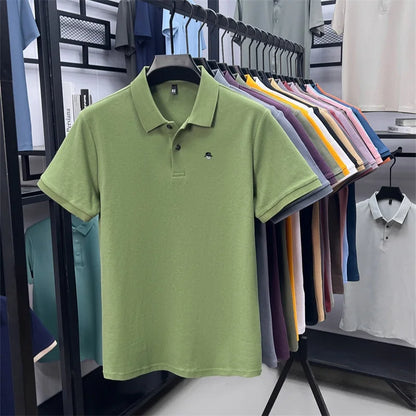Men's Cotton100% High End Brand Lapel Polo Shirt Summer New Solid Color Print Short Sleeve T-Shirt Casual Breathe Men's Clothing