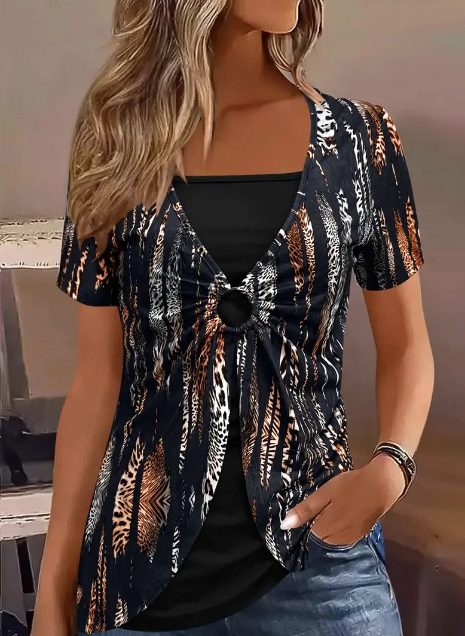 Boho Chic Leopard Print Faux Two-Piece T-Shirt - Plus Size Elegant Casual Short Sleeve Top for Women