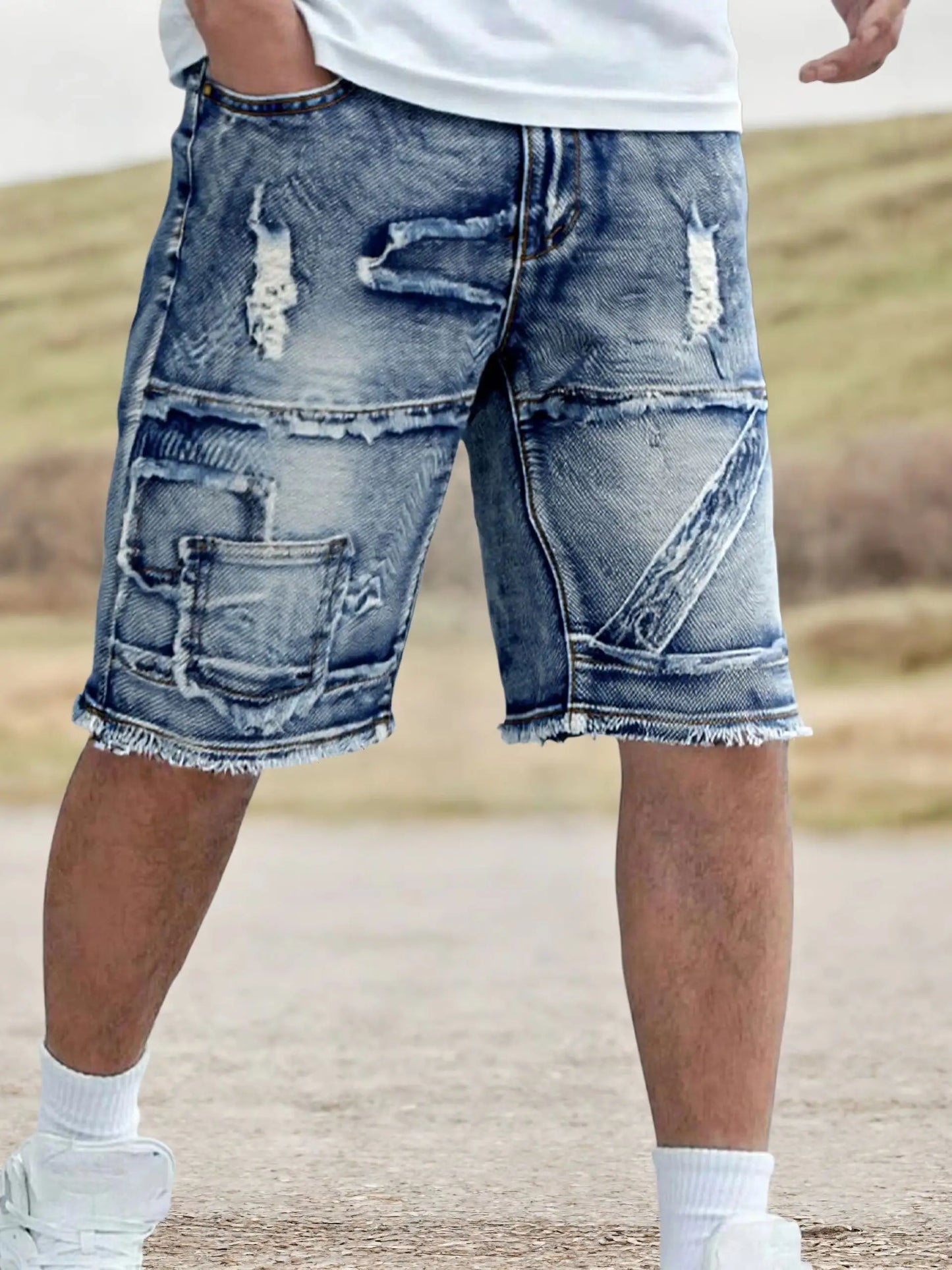 Men's Casual Spring/Summer Denim Shorts - Distressed Denim Shorts with Frayed Edges and Patchwork Details, Fashionable Street-St