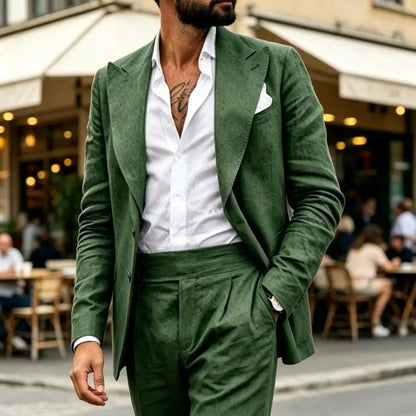 Linen Men Suits with Wide Lapel 2 Piece Prom Wedding Lightweight Summer Beach Groom Outfit Casual Formal Blazer Trousers Set