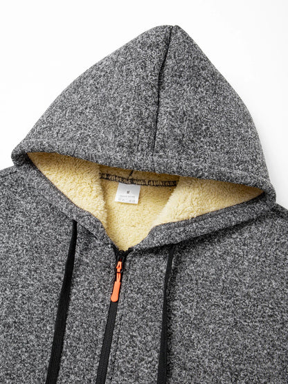 Men's Winter Warm Long Coat Zipper Jacket Zip Windbreaker Thick Fleece Windproof Overcoat Casual Contrast Color Hooded Jacket
