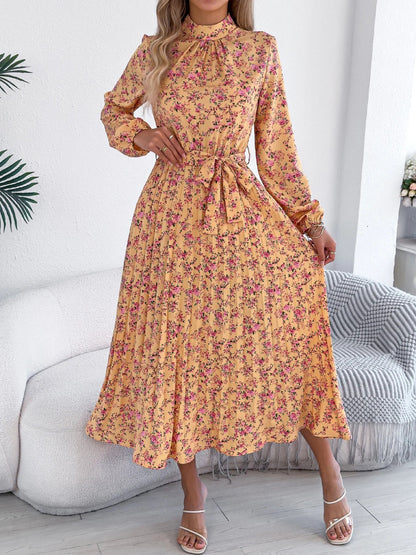 Floral Stand Up Collar Bridesmaid Dress 2026 Spring Summer Elegant Long Sleeve Waist Cinched Pleated Dresses Valentine's Day