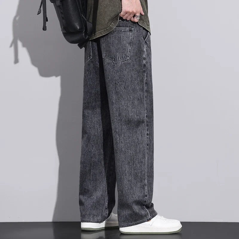 Men Dark Blue Blue Stretch Elastic Waist Denim Pants Streetwear Loose Full Length Trousers Straight Wide Leg Drawstring Jeans