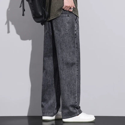 Men Dark Blue Blue Stretch Elastic Waist Denim Pants Streetwear Loose Full Length Trousers Straight Wide Leg Drawstring Jeans