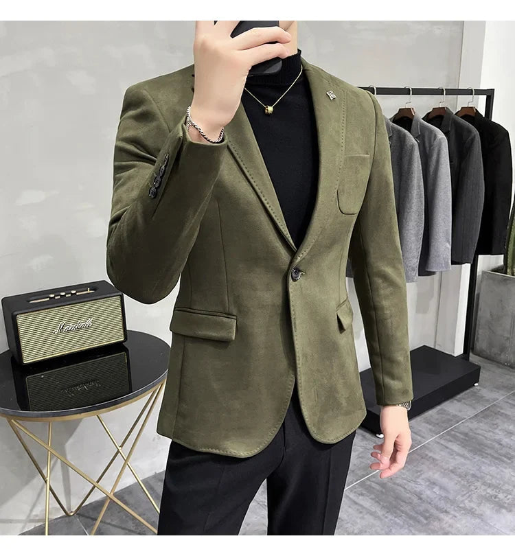 Deerskin Leather Jacket Blazer Men Casual Slim Fit Blazer Hombre Suit Leather Jacket Men Terno Masculino Men Clothing 6 Color