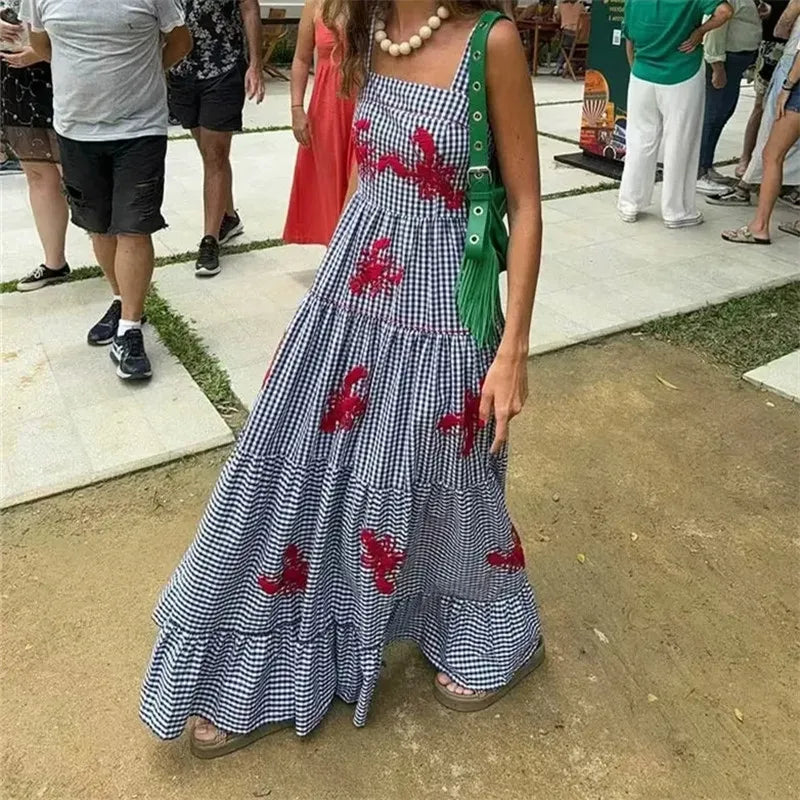 Plaid Slip Long Dress Woman Embroidery Ruffle Summer Dresses 2025 Sleeveless Beach Holiday Dress Women Casual Midi Dresses