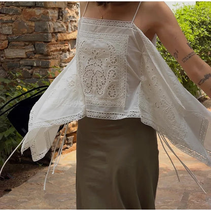 Thin Strap Square Neck Hollow Embroidery Women Cami Top Back Self Tie String Irregular Asymmetrical Lace Hem Loose Cropped Tank