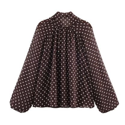 Women Polka Dot Print Blouse Casual High Collar Long Sleeve Lady Top Simple Women's Blouse Female Shirts & Blouses