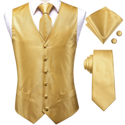 Silk Mens Waistcoat Tie Set Gold Brown Orange Beige Ivory Khaki Bronze Sleeveless Jacket Suit Vest Necktie Hanky Cufflink