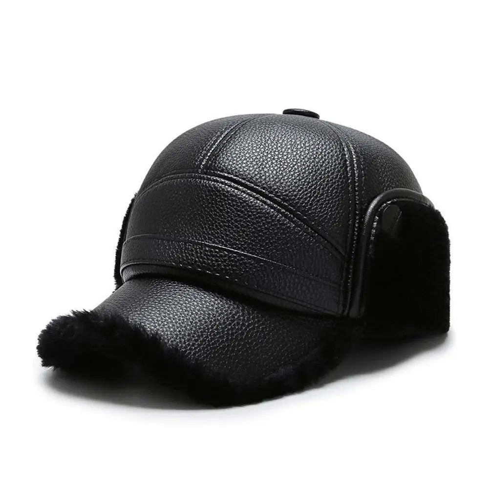 Winter Baseball Cap Men PU Leather Bomber Caps Middle Elderly Dad Hat With Earflaps Thicker Warm Windproof Tongue Hat Keep Warm