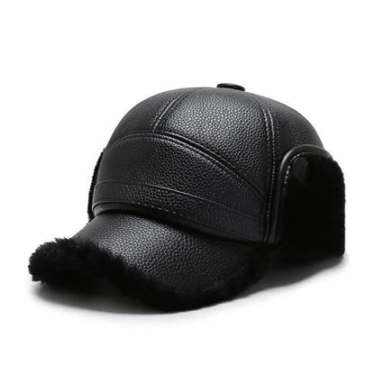 Winter Baseball Cap Men PU Leather Bomber Caps Middle Elderly Dad Hat With Earflaps Thicker Warm Windproof Tongue Hat Keep Warm