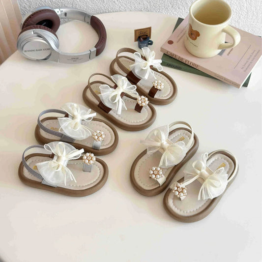Brand Designer Ribbons Sandals for Girls Beaded Flip Flop Evening Party Dress Shoes Tulle Bow-tie Child Shoes Girl Sandal I06034