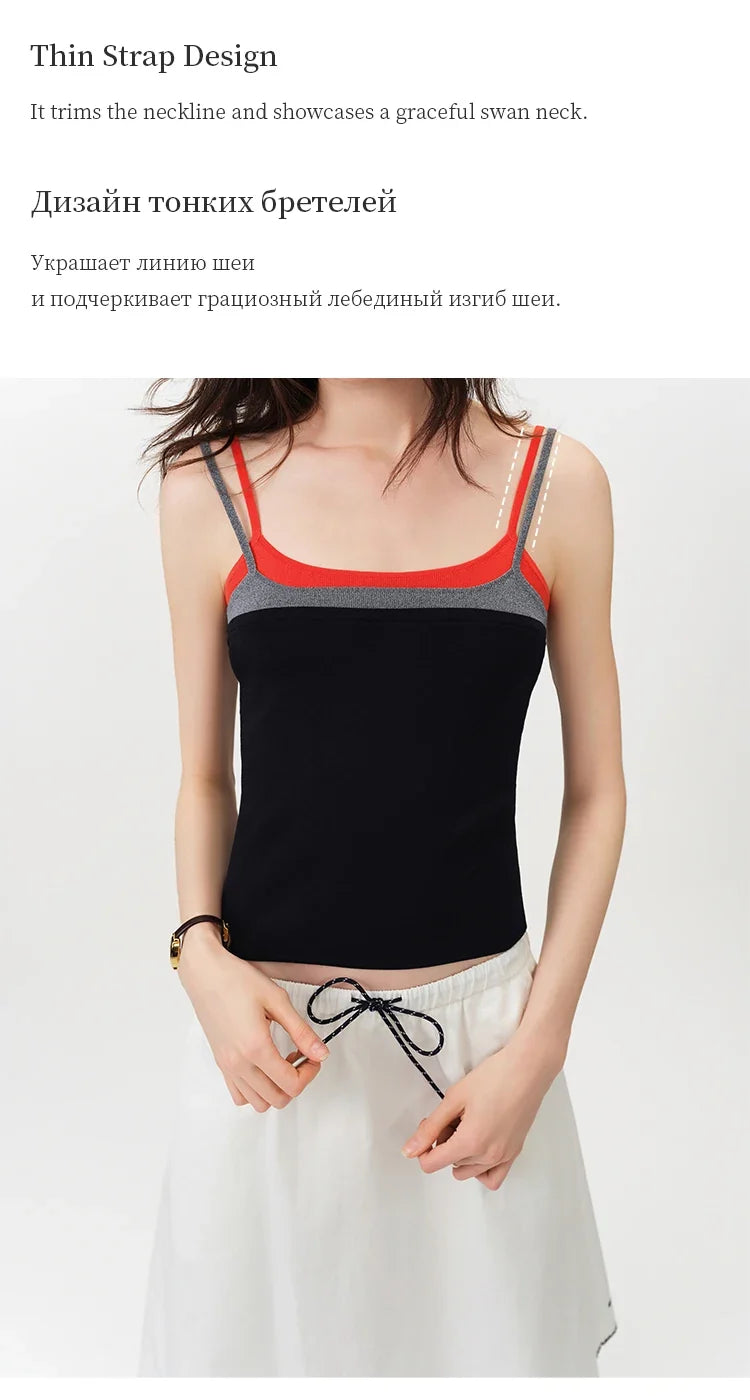 2026 Summer Women Color Block Contrast Trim Cami Top, Navy Slim Fit Cropped Vest for Y2K Daily Layering Style Chic Hot Girl
