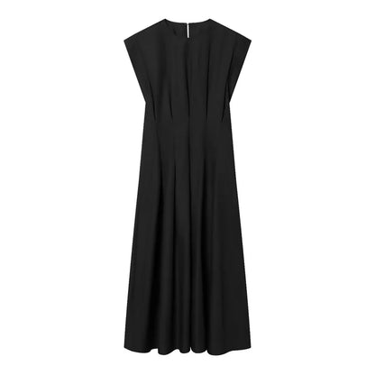 Women's Dress 2026 Spring New Black Short-Sleeve Pleated Decorative A-Line Long Dress Elegant and Simple Fashionable