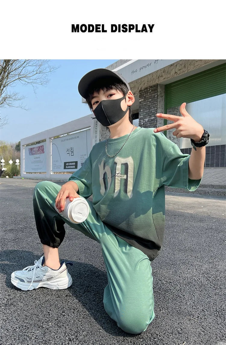 Summer Boys Leisure Gradient T-Shirt Top+Loose Sweatpant Workout Set School Kids 2PCS Tracksuit Children Vacation Outfit 5-16 Yr