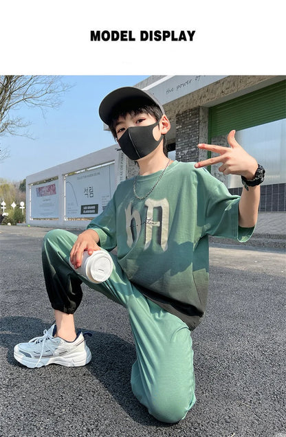 Summer Boys Leisure Gradient T-Shirt Top+Loose Sweatpant Workout Set School Kids 2PCS Tracksuit Children Vacation Outfit 5-16 Yr