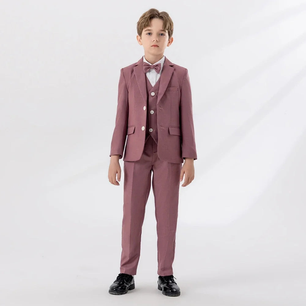 Pink Handsome Boys Lapel Slim Fit Dresswear Suits Wedding Party Spring Autumn New Child Suit Set 4 Pieces For Activities