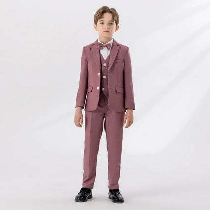 Pink Handsome Boys Lapel Slim Fit Dresswear Suits Wedding Party Spring Autumn New Child Suit Set 4 Pieces For Activities