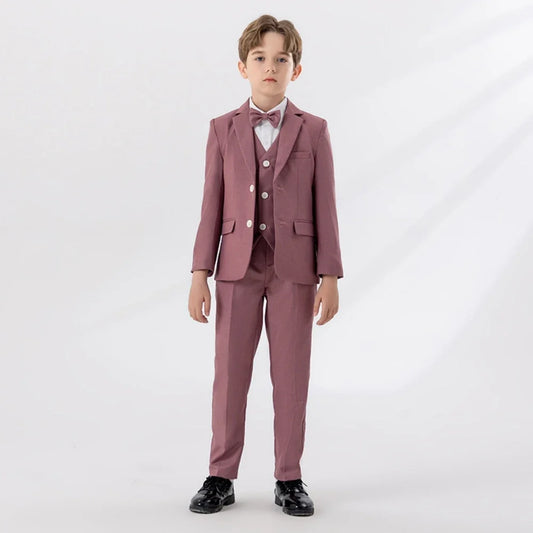 Pink Handsome Boys Lapel Slim Fit Dresswear Suits Wedding Party Spring Autumn New Child Suit Set 4 Pieces For Activities