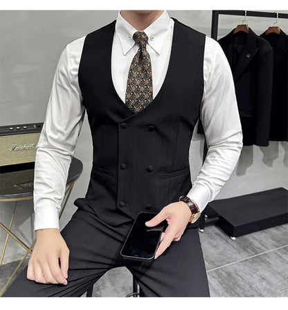 British Style Double-breasted Striped Vest With Pants Men Business Slim Fit Suit Vest 2 pieces Formal Groom Wedding Dress Vest