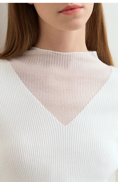 Minimalist Women's Turtleneck Slim Sweater 2025 Autumn Collection Sheer Panel Versatile Elegant Base Layer Top 12444241