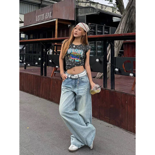 Vintage Y2k Embroidery Jeans Women Blue High Waist Straight Baggy Denim Trousers American Retro 90s Street Wide Leg Jeans