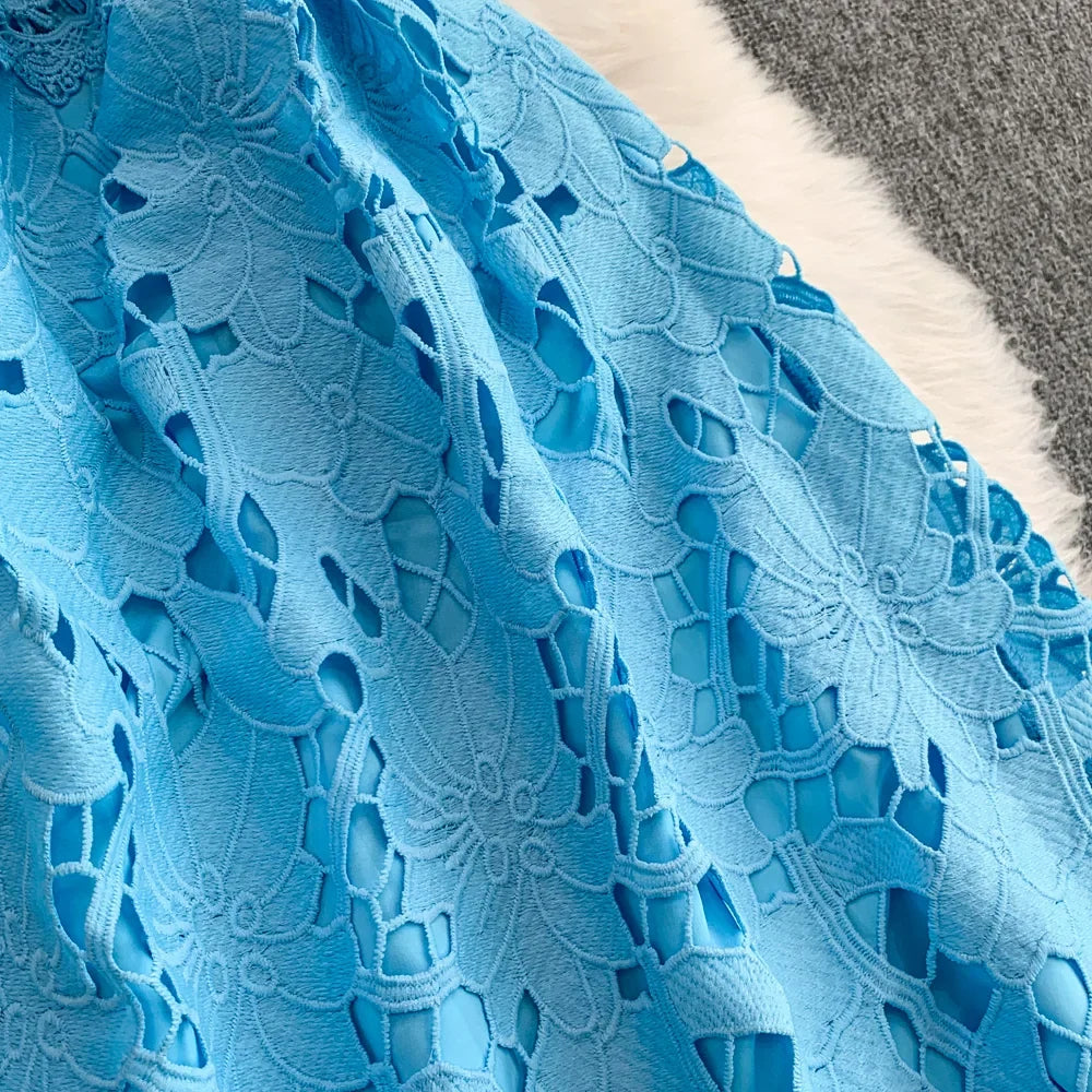 Ele Summer Lace round Ne Dr Women's High Waist Slimming Long Skirt Korean Sle Commute High Softn Regular Sve