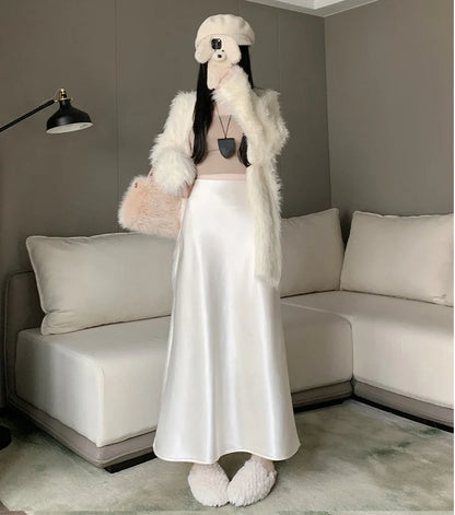 New Autumn Winter Solid Satin Silk Mermaid Skirt Women Fashion High Waist Office Ladies Work Warmth Party Long Maxi Skirt