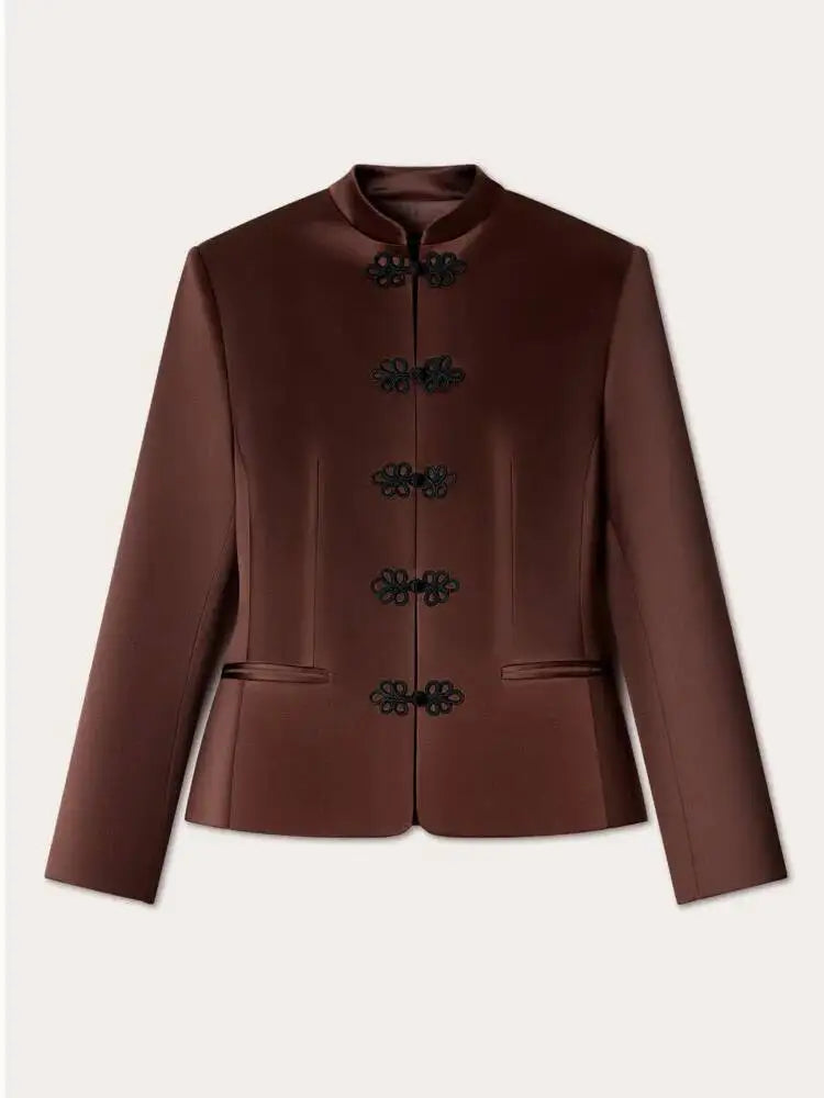 Women's Spring Summer Mandarin Collar Frog Button Cropped Chinese Style Blazer Casual 2026 Trendy Feminine Fashion Coat