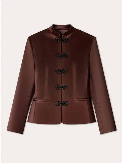 Women's Spring Summer Mandarin Collar Frog Button Cropped Chinese Style Blazer Casual 2026 Trendy Feminine Fashion Coat