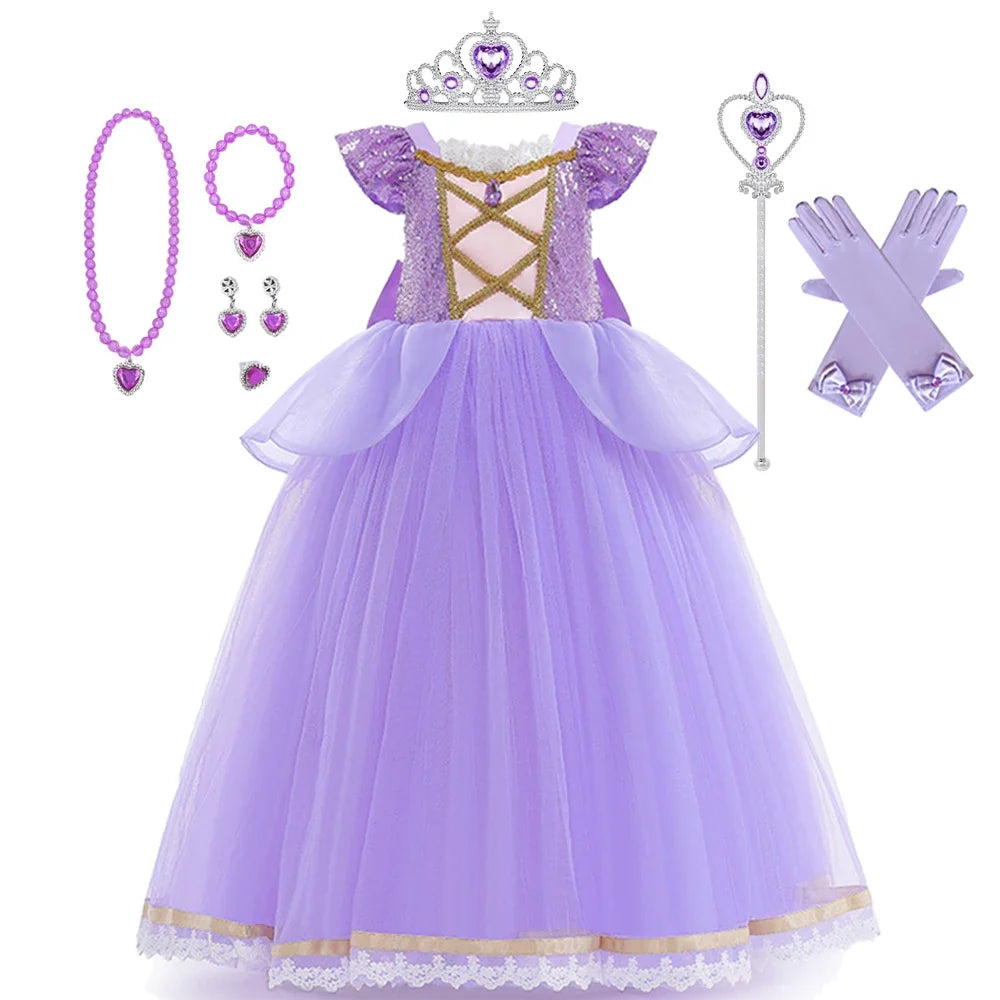 Princess Dress Girl Purple Deluxe Elegant Cosplay Tangled Costume Halloween Vestido Kids Birthday Ball Gown Clothes