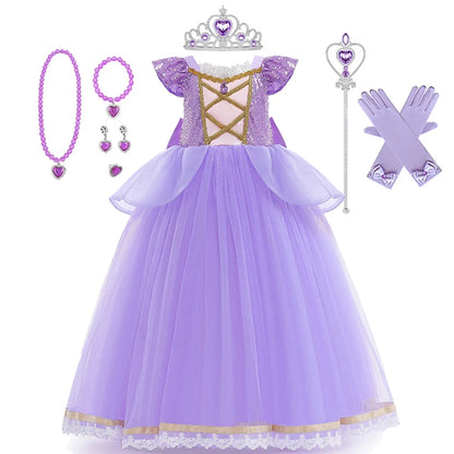 Princess Dress Girl Purple Deluxe Elegant Cosplay Tangled Costume Halloween Vestido Kids Birthday Ball Gown Clothes