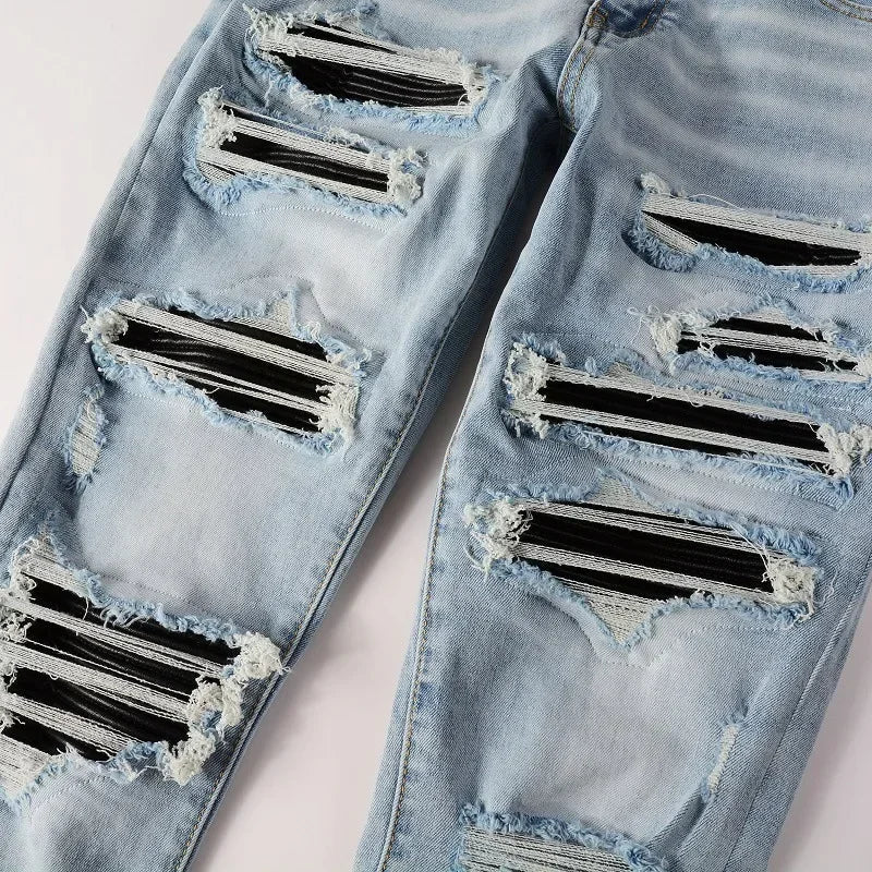 High Street Jeans Patch Hand-worn Holes Slim Skinny Jeans for Men
