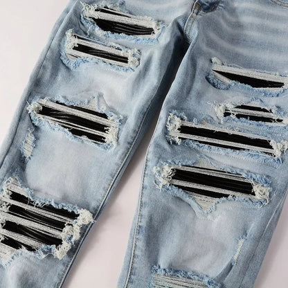 High Street Jeans Patch Hand-worn Holes Slim Skinny Jeans for Men