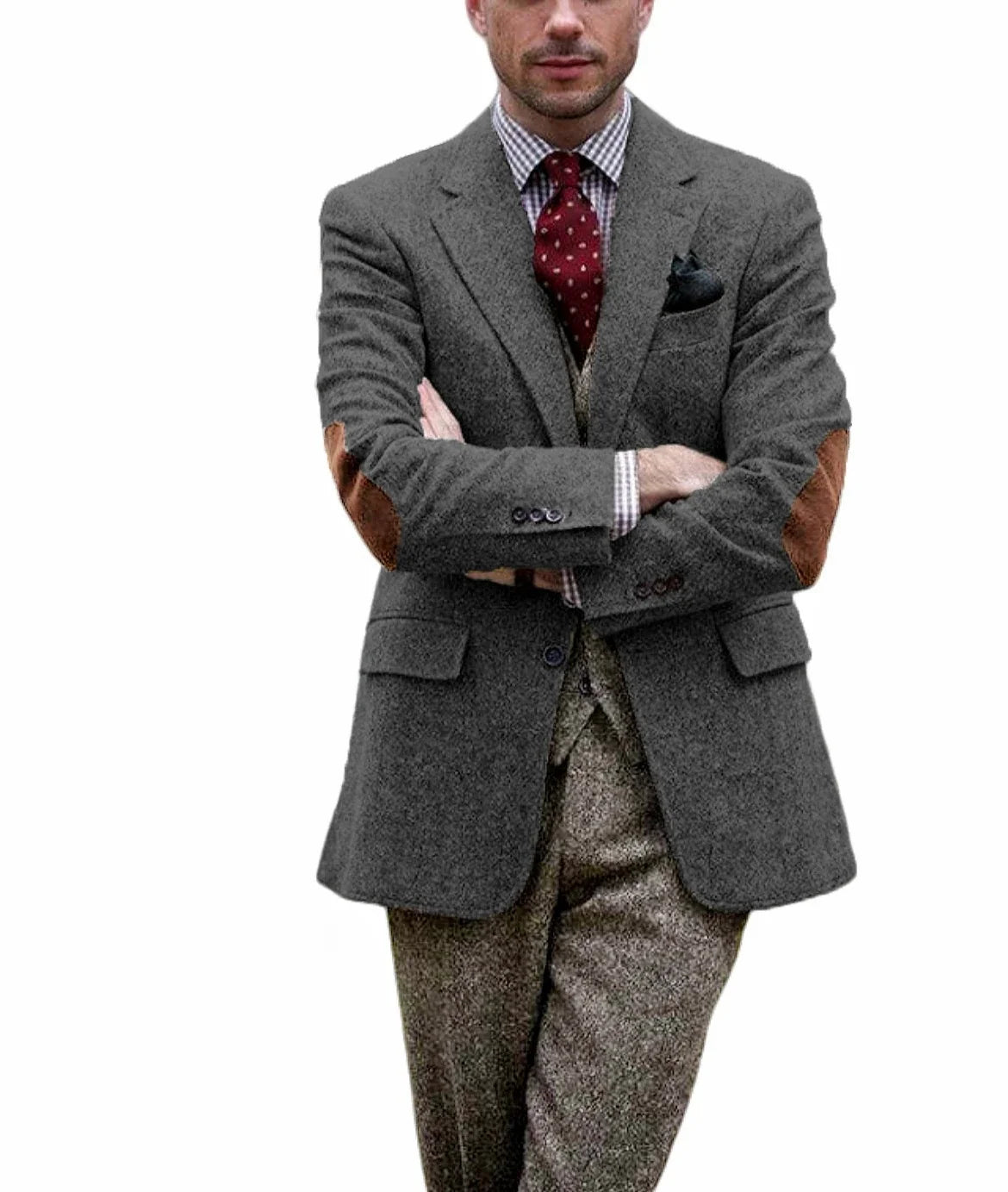 Vintage Winter Tweed Suits Brown Tweed Men Suits With Patch Design Costume Homme Smart Business Formal Wedding Suits 1 Pieces