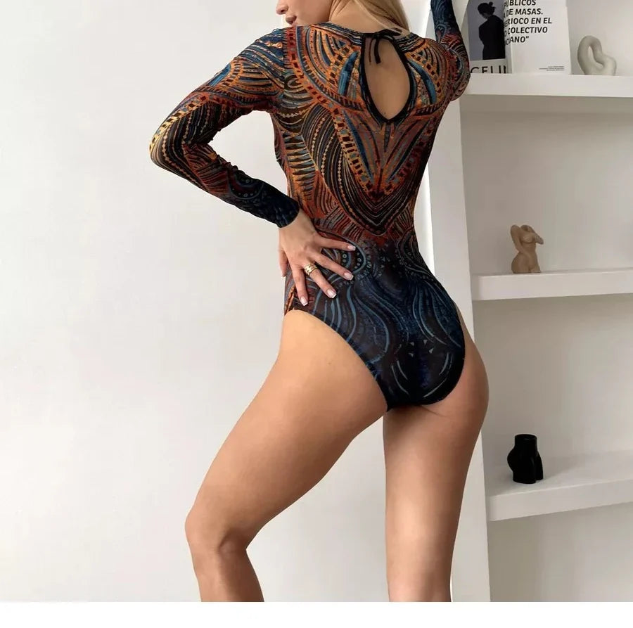 Women Long Sleeve Tattoo Swimsuit UV Protection Rash Guard SPF Sunblock Surfing Suit Diving Swimwear Beach Sportswear Bodysuits