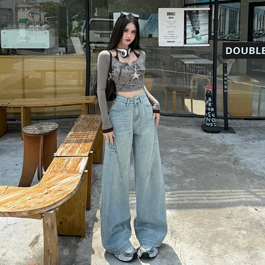 High Waisted Wide Leg Jeans Women Cotton Retro Denim Y2k Loose Fashion Design Sense Pant Streetwear Baggy Straight Trouser Woman
