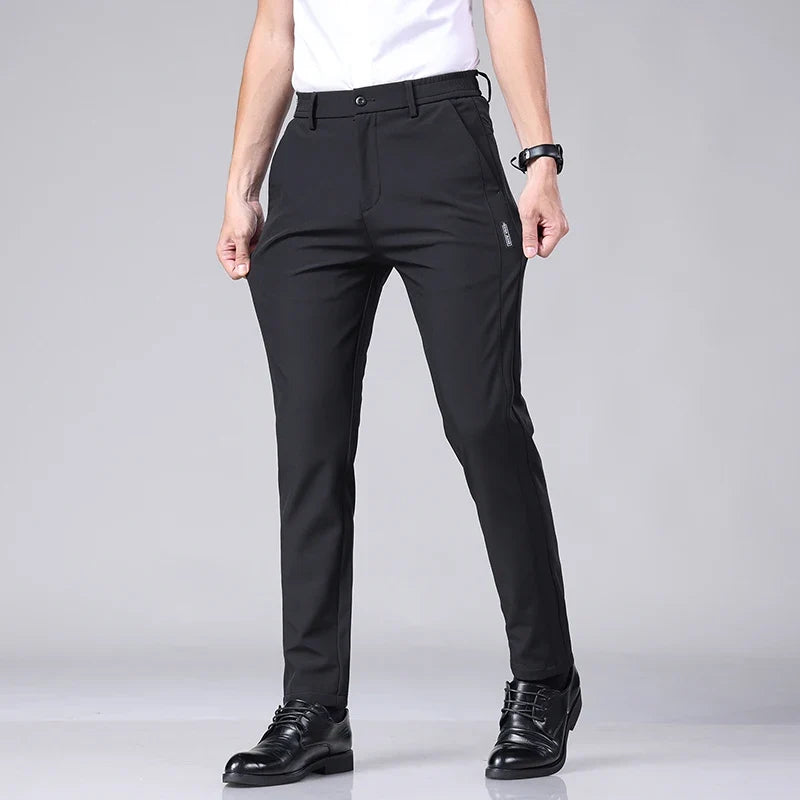 Ultra-thin Elastic Men's Casual Trousers Summer Quick-drying Ice Silk Slim Straight Business Solid Color Trousers Black Gray