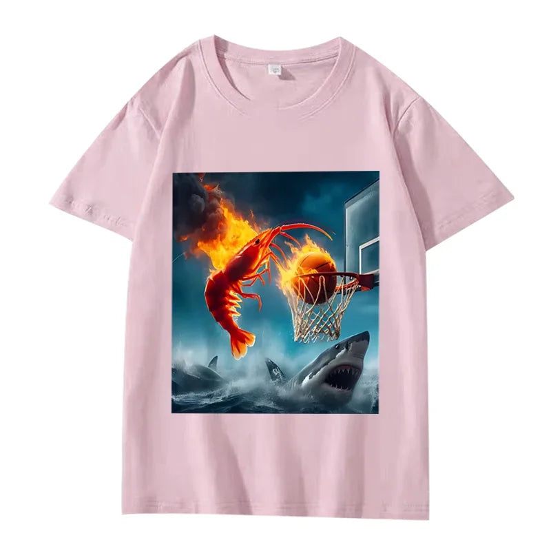 Shrimp Dunking on Shark Graphic Tee Retro Fishing Meme TShirt Women Short Sleeve Summer Tops Aesthetic Clothes Summer Streetwear