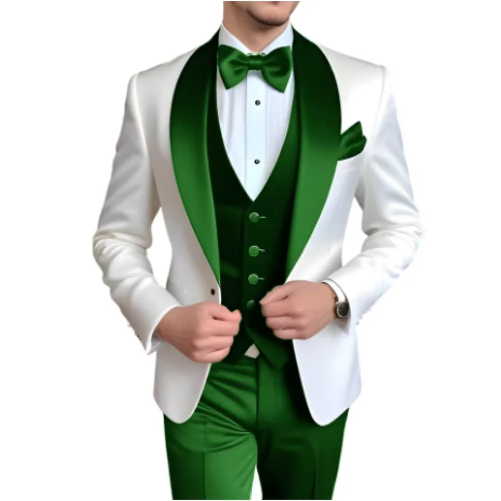 Customized Men's 3 Piece Tuxedo With Scarf Lapel Smoking Suit Wedding Groomsmen Formal Party Blazer Terno Masculino