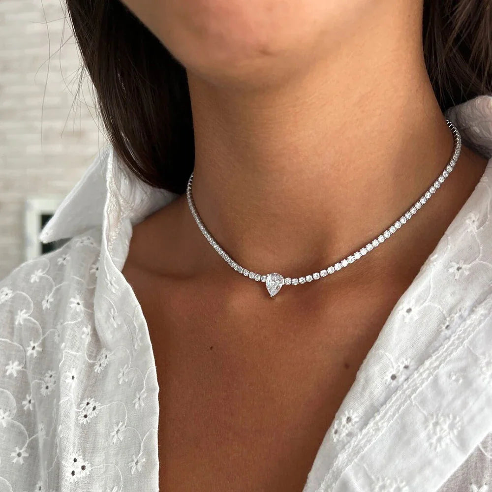 Certified Full Moissanite Riviera Tennis Necklace with Waterdrop Diamond Pendant for Women 925 Sterling Silver Adjustable Choker