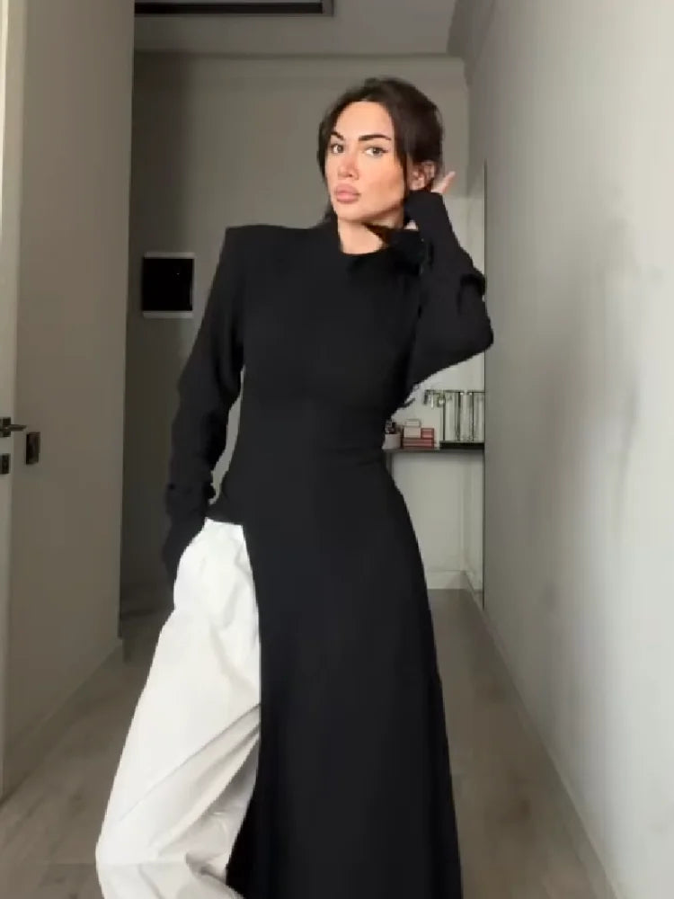 Women's Elegant High Neck Long Sleeve Maxi Dress With Side Slit Shoulder Pad Slim Fit Floor Length Tunic Top Versatile Clothing