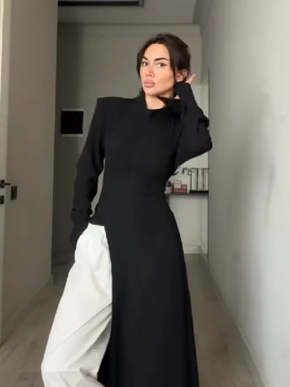 Women's Elegant High Neck Long Sleeve Maxi Dress With Side Slit Shoulder Pad Slim Fit Floor Length Tunic Top Versatile Clothing