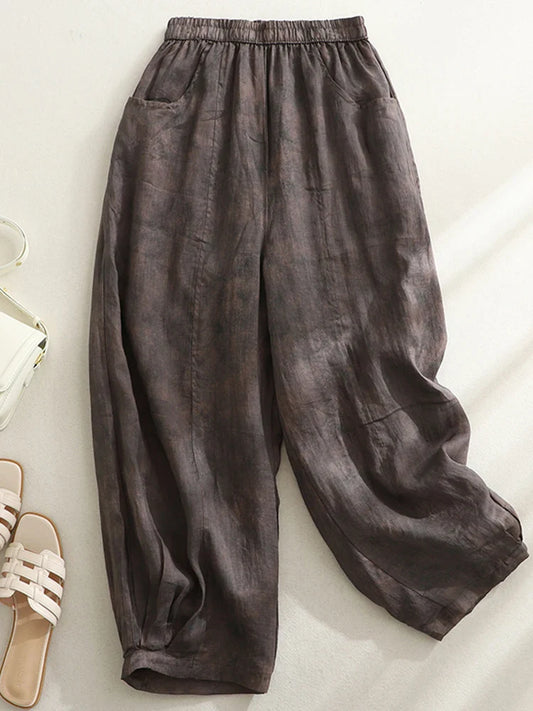 Retro Waterprint Linen Casual Nine-Piece Pants plus Size Women's Loose Elastic Waist Versatile Wide Leg Harlan Pants